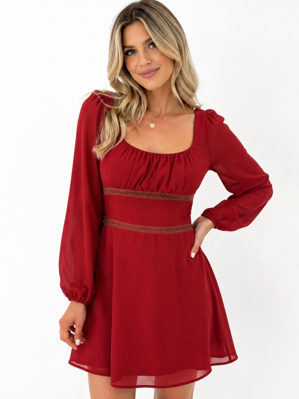 Lulus Loving Memories Rust Red Long Sleeve Crochet Lace Skater Mini Dress XS